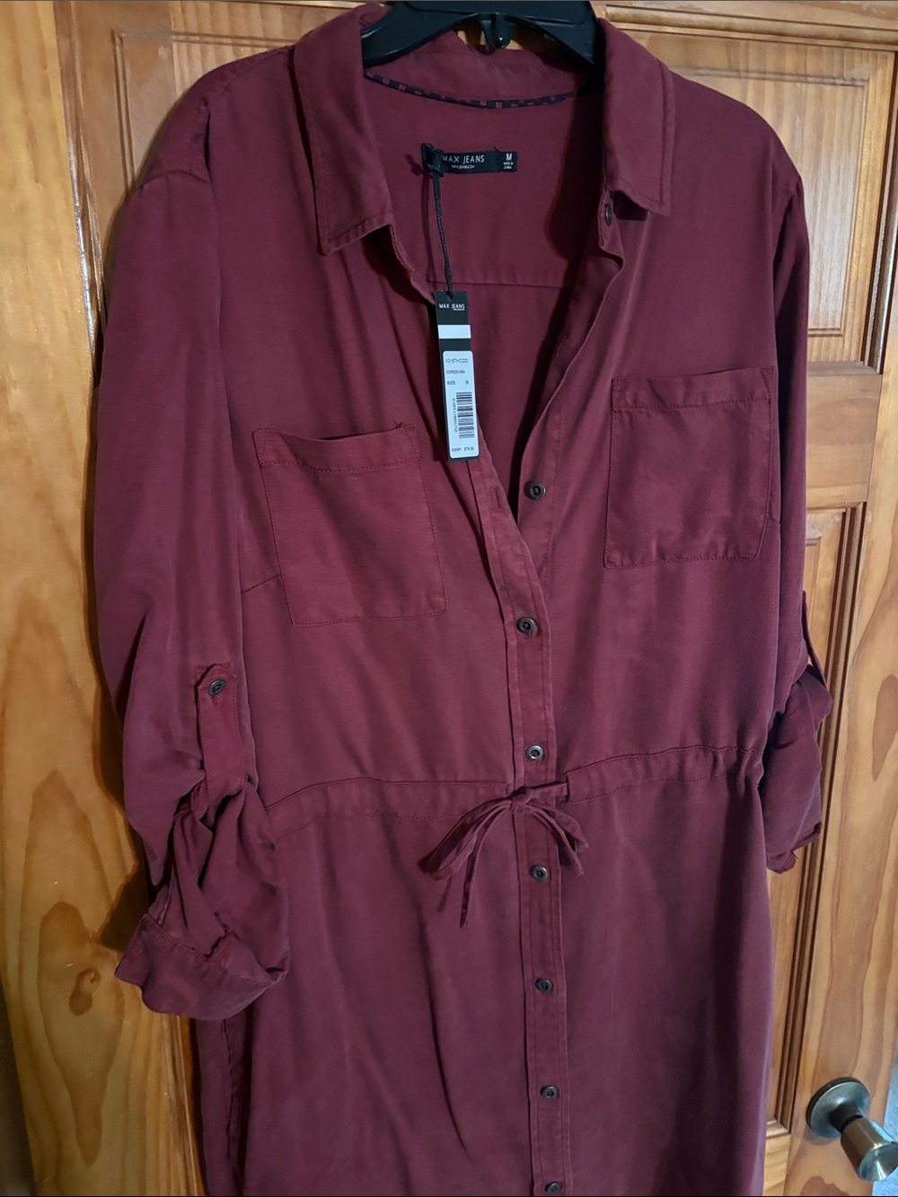 Max Jeans Burgundy Long-Sleeve Button-Front Shirt Dress NWT Sz M